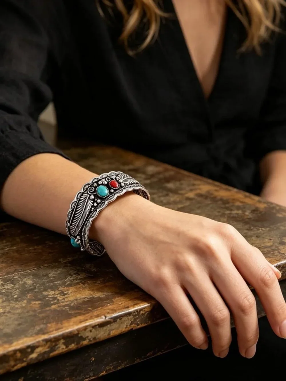 Turquoise Feather Cuff Bracelet - Adjustable Silver Boho Jewelry with Red